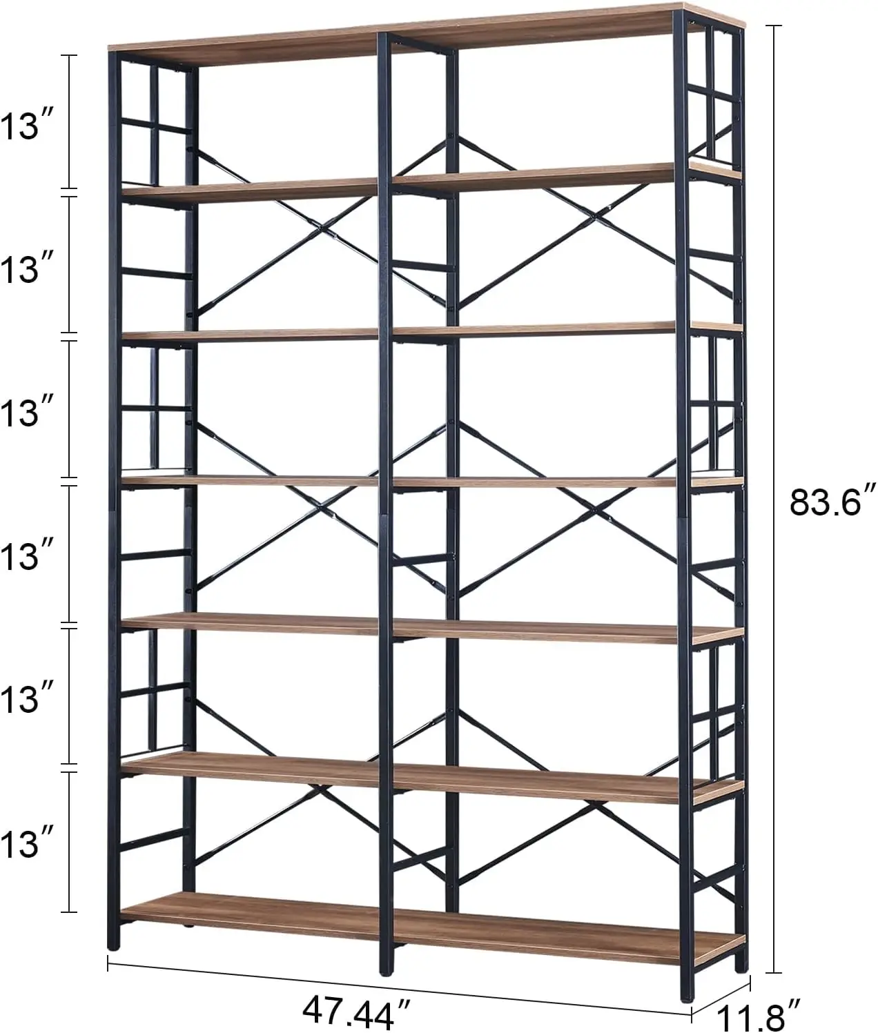 MISSUE-Bibliothèque Haute de Salle de Bain, Bibliothèque de 84 Pouces, Double et Large, à 7 Niveaux, Style Bois et Métal