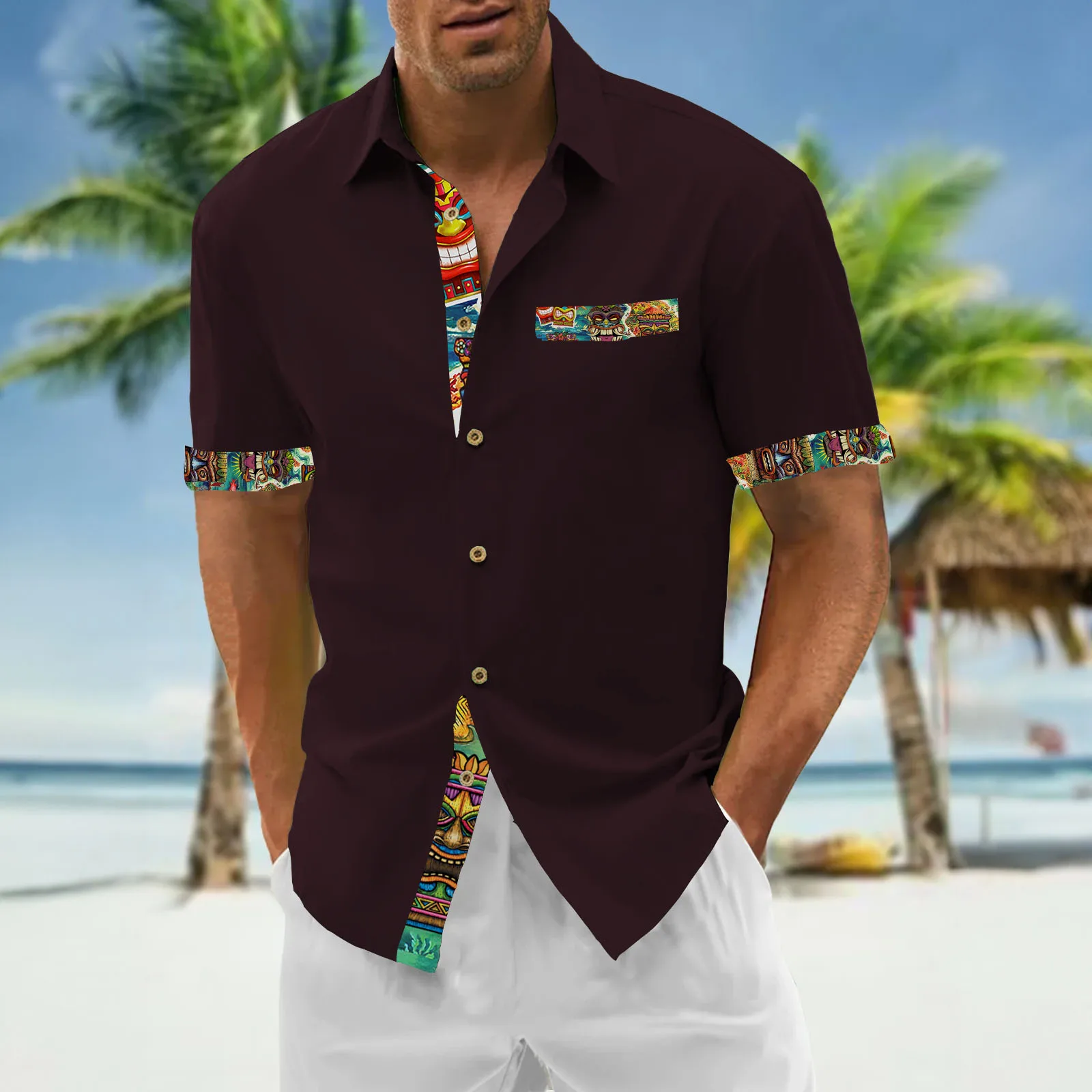 2024 New Men\'s Shirt Tiki Hawaiian Shirts For Men 3d Printed Short Sleeved Shirt Simple Casual Tops Loose Oversized Men Clothing