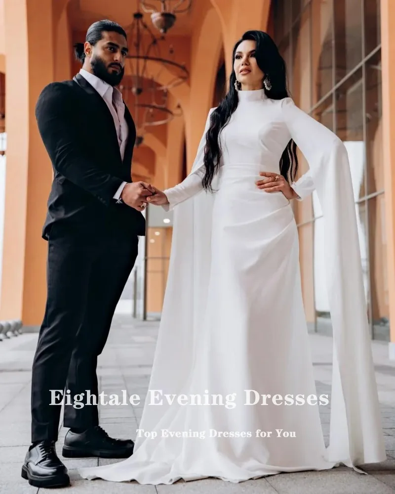 Eightale アラビアのウェディングドレス ハイネック ロング キャップ スリーブ カスタマイズされた Strethcy サテン イスラム教徒マーメイド ブライダル ガウン ローブ デ マリー