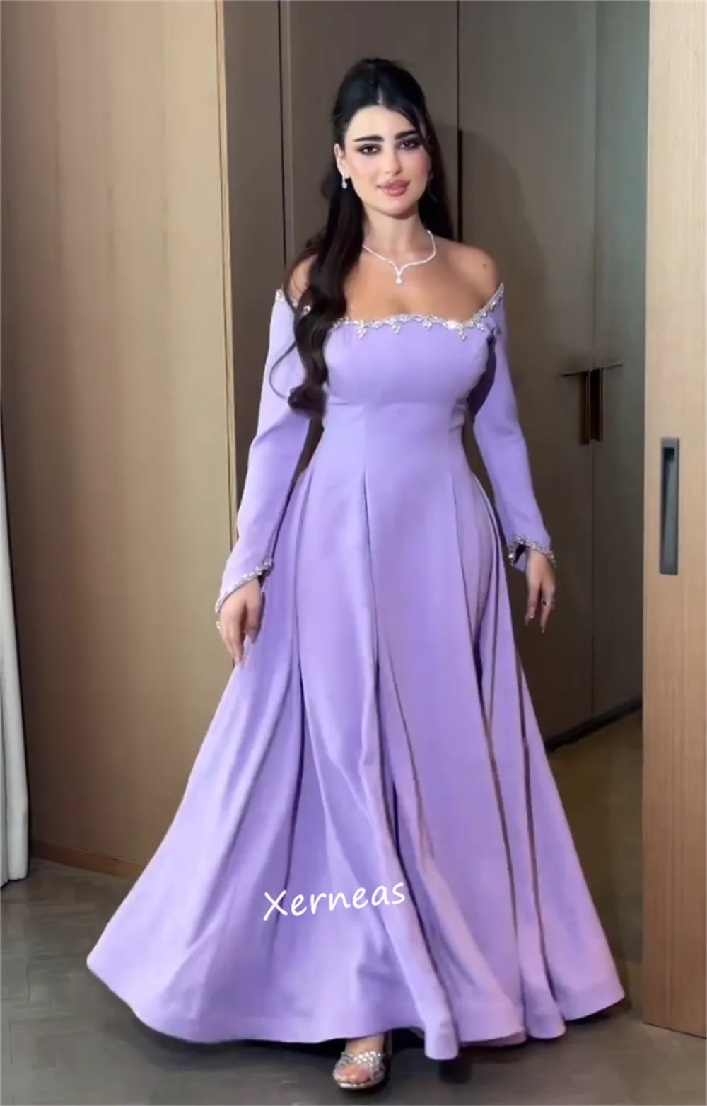 Customized Jersey Sequined Off-the-shoulder A-line Lavender Long Dresses Bespoke Occasion Evening Gown Classic Elegant Prom