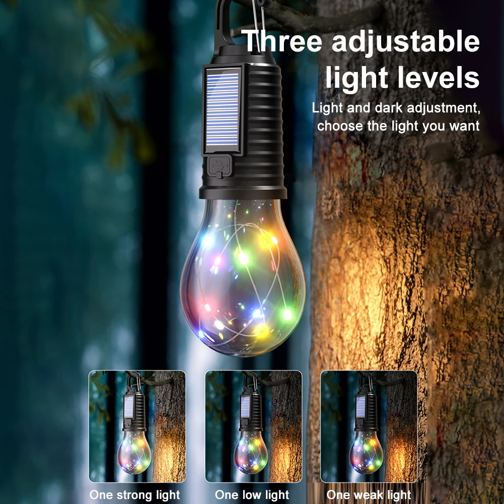 Solar Powered LED Camping Lamp with Clip Hook LED Lighting Lantern Rechargeable Handheld Lamp Waterproof for Outdoor BBQ Camping