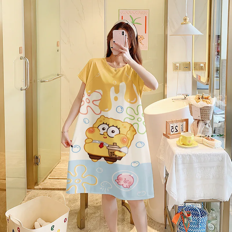 SpongeBob Patrick Star Sleepwear Women Cartoon Sweet Nightdress Short Sleeve Casual Loose Nightgown Student Summer Loungewear