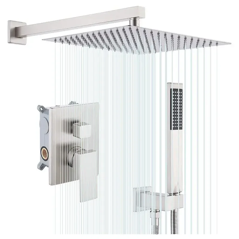 Modern Wall-Mounted Rain Concealed Shower Set Brushed Nickel Stainless Steel Hot and Cold Shower Mixer Brass Body