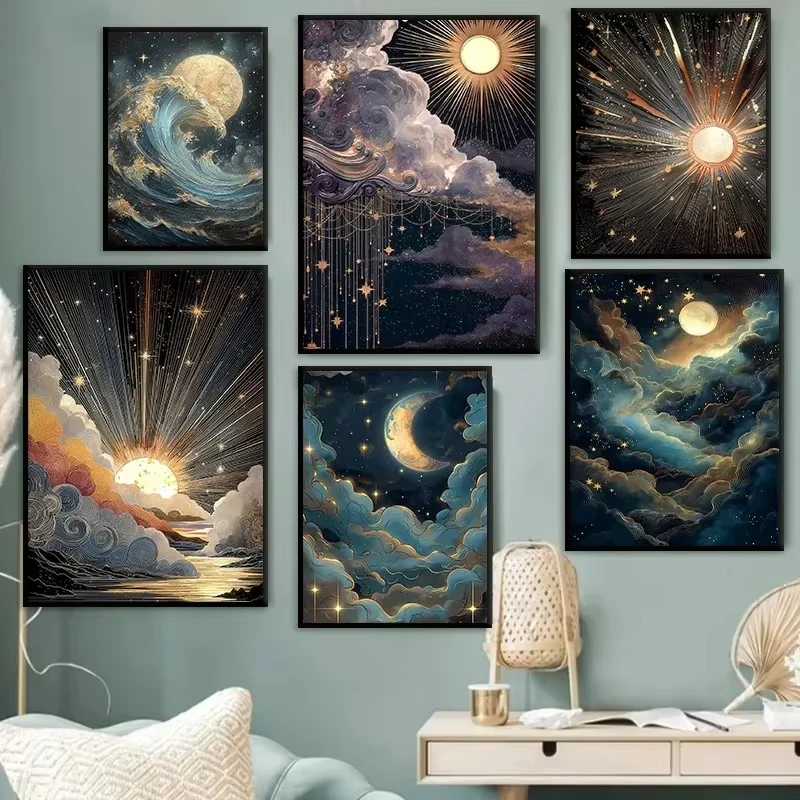 Digital Oil Painting By Numbers Mystical Sun Stars Moon Cosmic Fantasy Sky on Canvas Home Decor for Gameroom Frameless