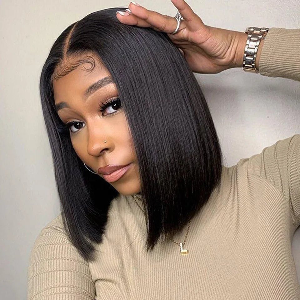 Short Bob Wigs Bone Straight 100% Human Hair Wigs Wear and Go Glueless Wig Brazilian Lace Front Human Hair Wigs 180% Density