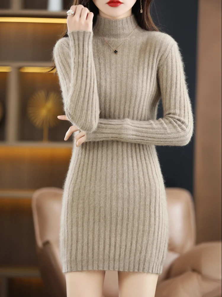 

New Fashion Women 100% Mink Cashmere Sweater Slim Sheath Dress Mock Neck Autumn Winter Knitwear Female Grace Soft Sexy Clothes