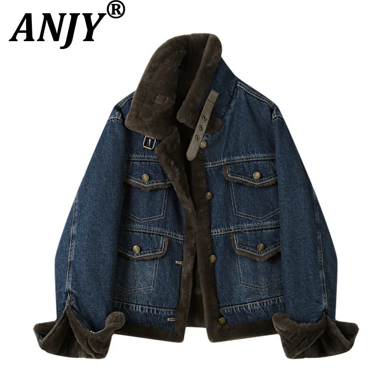 

ANJY Autumn Winter New Women Fashion High-End Furry Collar Denim Jacket Trendy Versatile Fleece Lined Thickened Warm Coat A15678