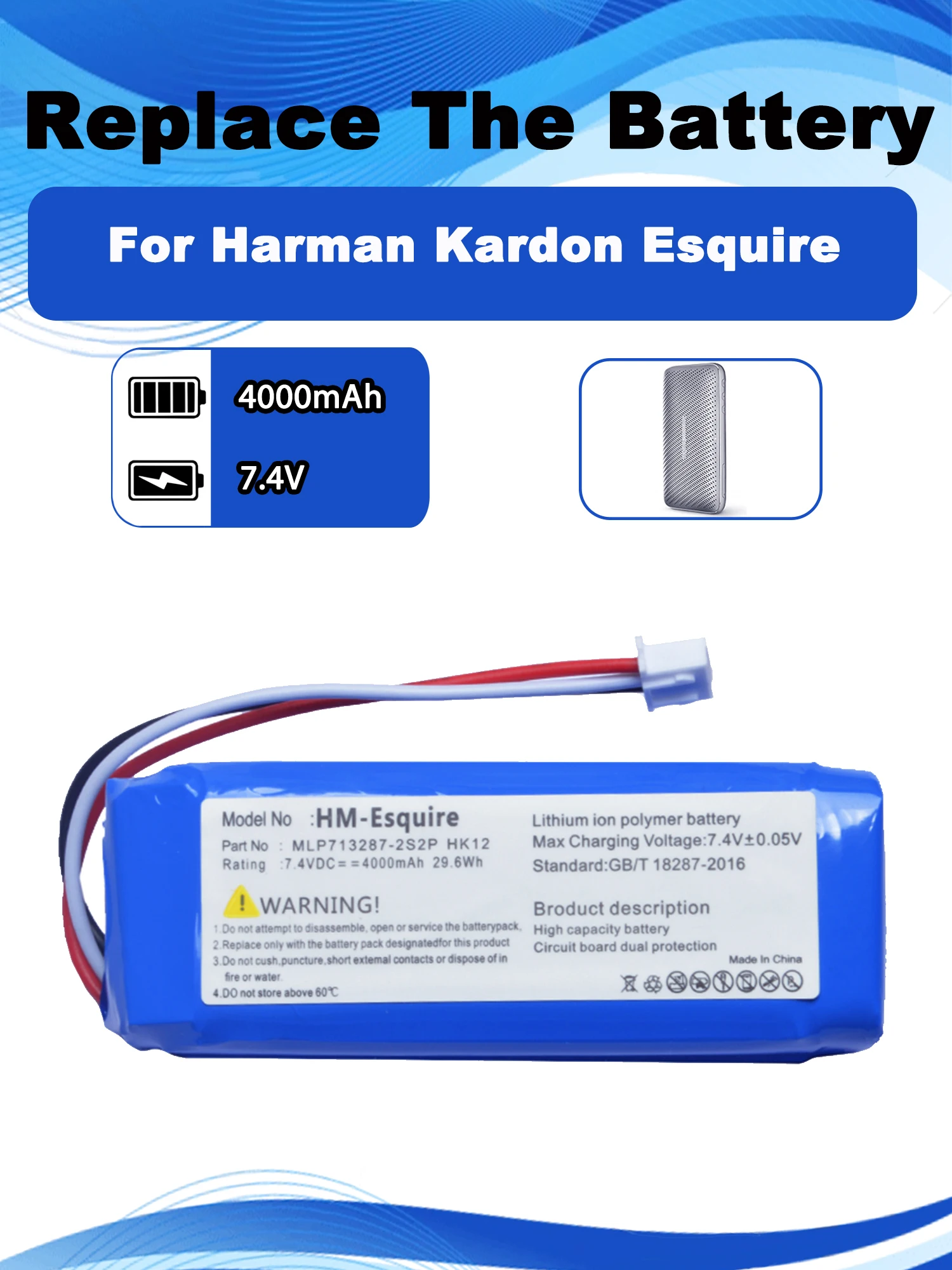 7,4V 4000mAh MLP 713287 -2S2P HK12 Batería de repuesto para altavoz Bluetooth Harman Kardon Esquire Herramientas gratuitas