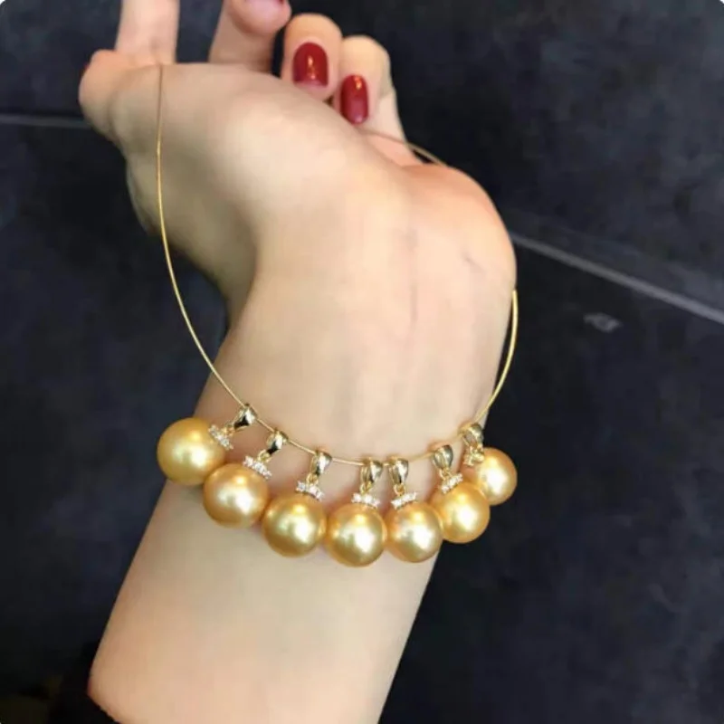Stunning AAAA oversized 9-10MM Natural South Sea Gold Pearl Pendant Necklace 925 Silver