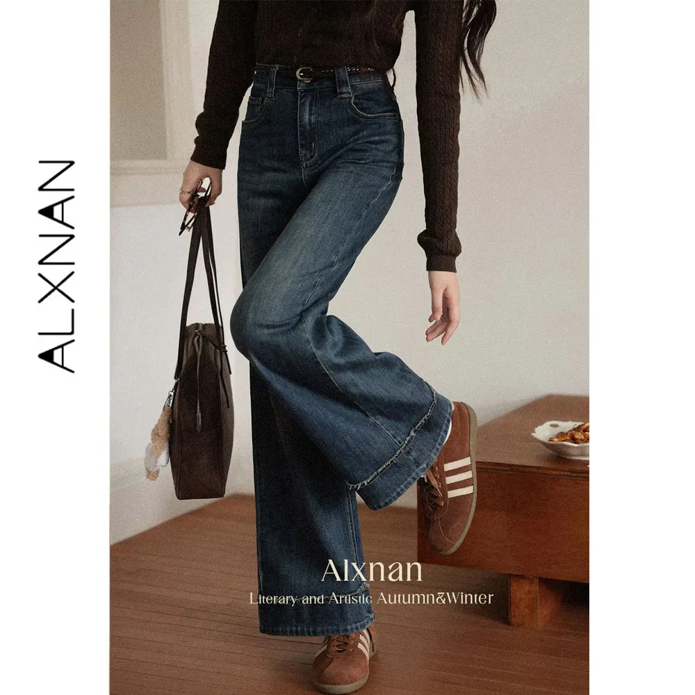 ALXNAN Women's Jeans Vintage Dark Blue Wide-leg Baggy Jeans Fall Straight High-waist Baggy Pants Cotton Female Trousers L56809