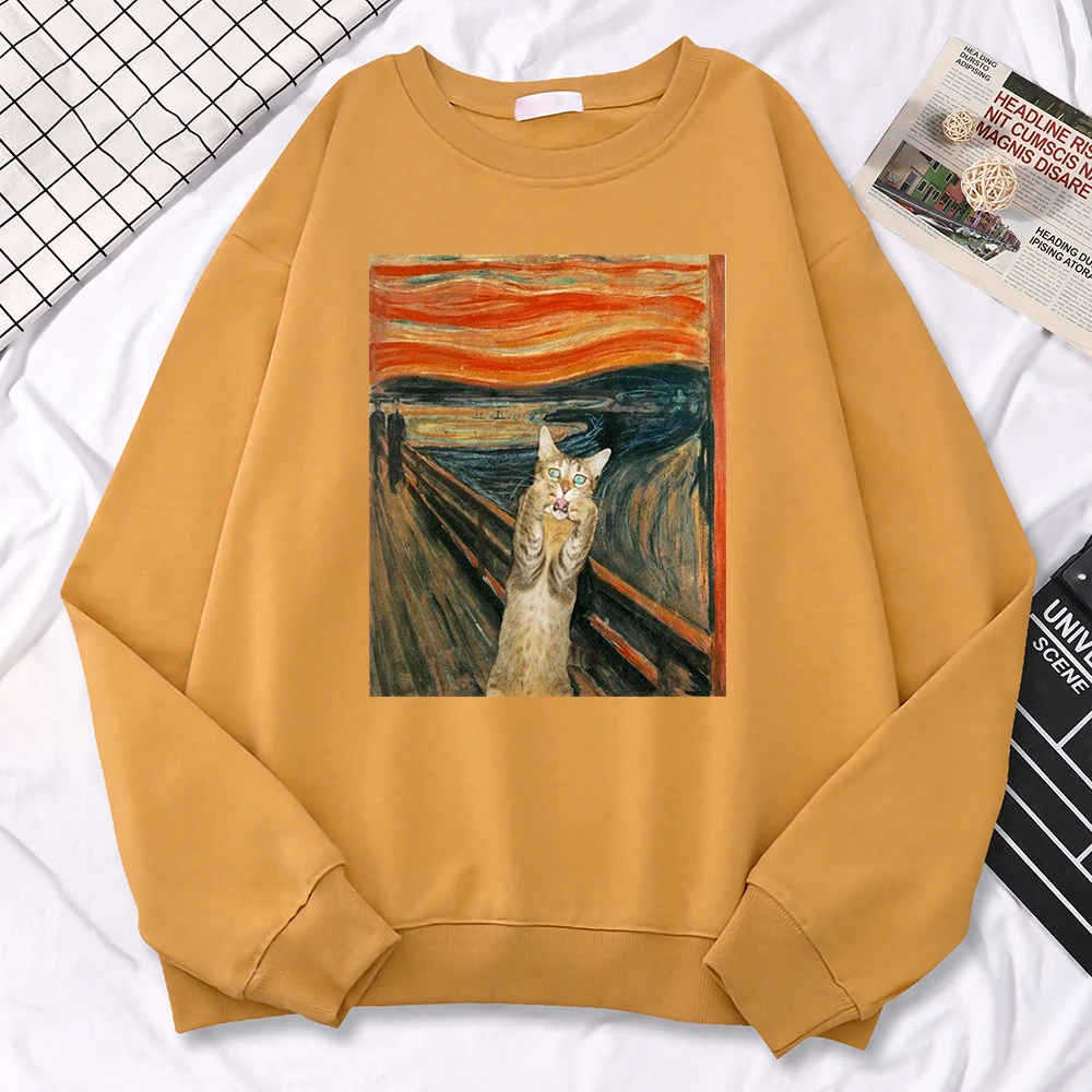 Casual Street Woman Pullover Oil Painting Cat\'S Dusk Print Hoody Comfortable Fleece Sweatshirt Loose Warm Female Sportswears