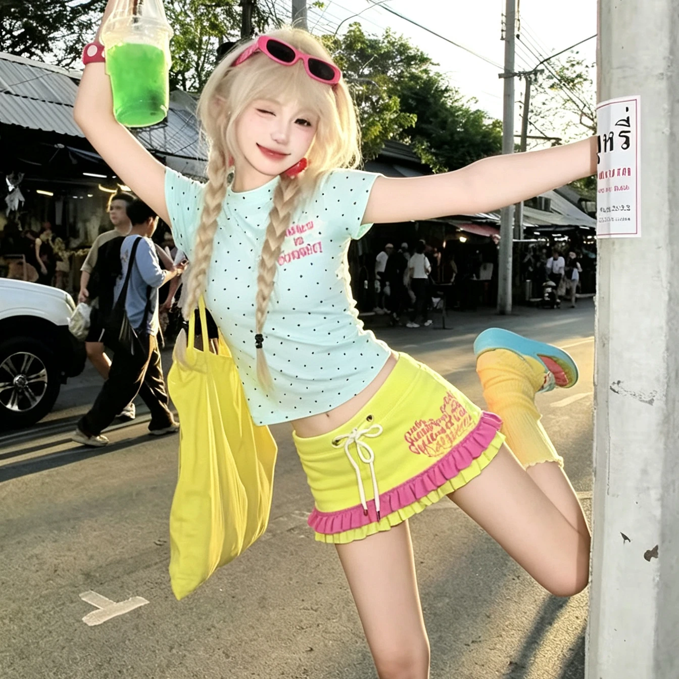 Women Y2K Low‑Waist Micro Sweat Skirt Yellow Purple Color Block Ruffle Hem Letter Print Drawstring Waist Cute Kawaii MoniBottoms