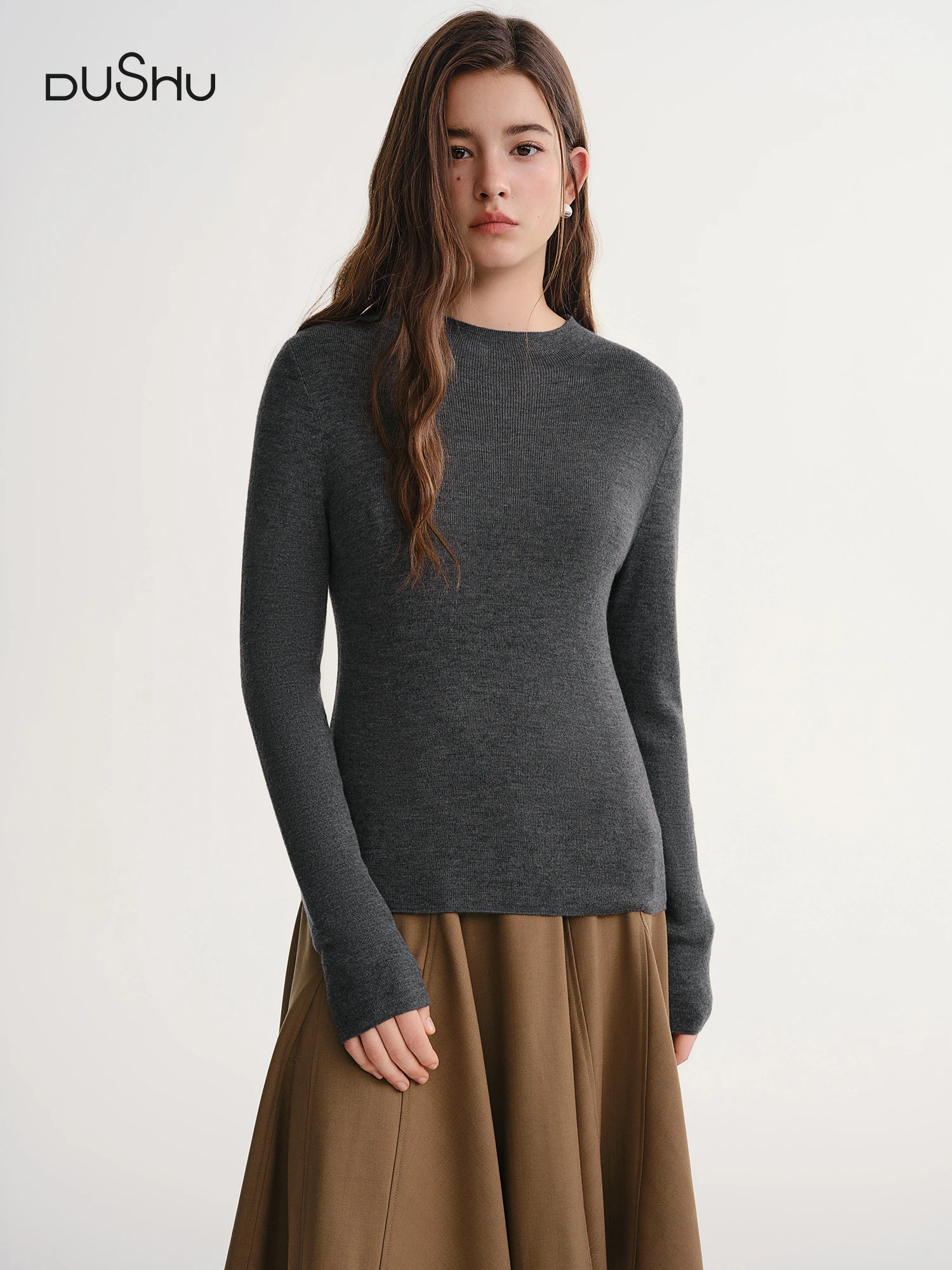 DUSHU Women's Thermal Wool Blend T-Shirt 2025 Winter Warm Long Sleeve Knitted Base Layer Top Multi-Color Casual Comfortable