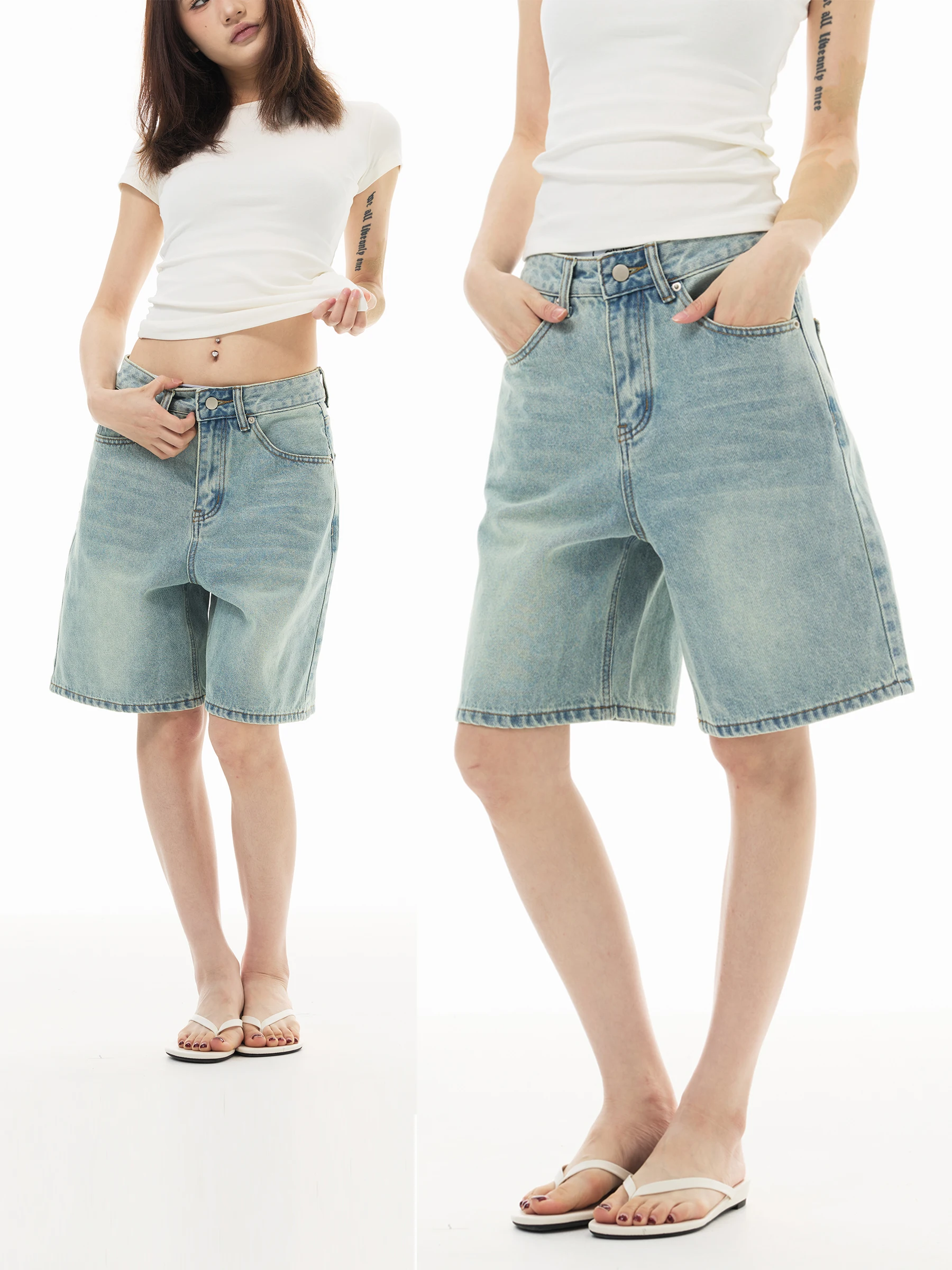 Yeboon American Retro Washed out Loose Men's Jeans Light Blue Cotton Denim Casual Versatile Spring Commuting Shorts