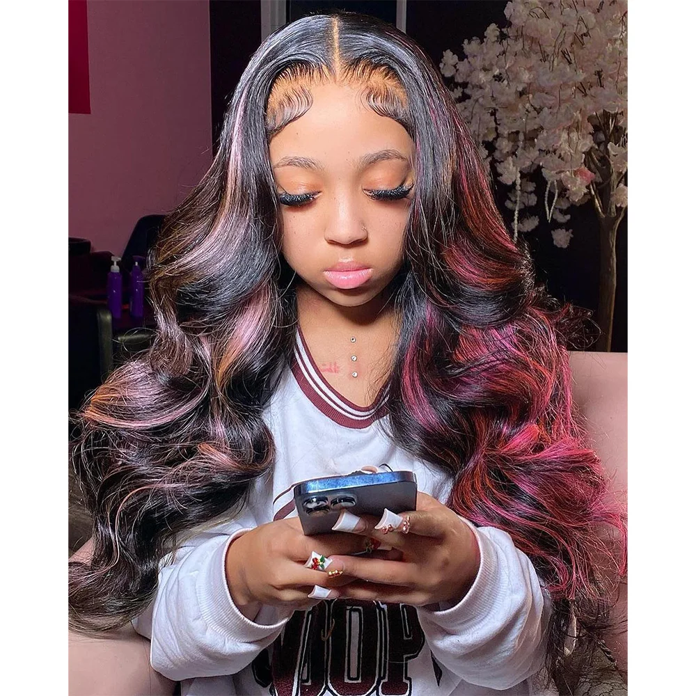 Linhua Hair Pink Highlight Colored Body Wave 13x4 Transparent Lace Wigs  4x4 /5x5 Lace Wig Remy 13x6 Lace Frontal Wig Preplucked