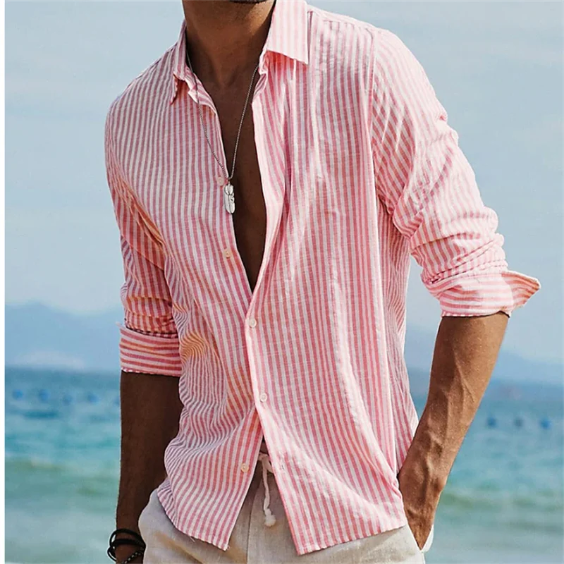 Fashion Summer Men\'s Shirt Button Up Top Black Pink Blue Long Sleeve Striped Lapel Shirt Street Daily Clothes Casual Comfortable