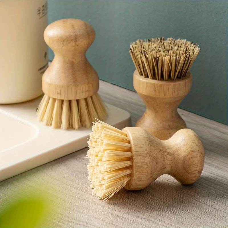 1pc Solid Wood Dishwashing Brush Pot Scrubber with Oak Handle Sisal Fiber Non-Stick Pan Cleaning Stain Removal Brush Dish Brush