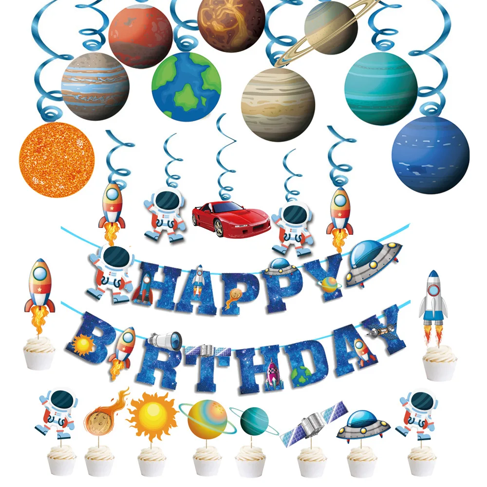 Adorno para cupcakes con tema de nave espacial de astronauta, guirnalda colgante de feliz cumpleaños, cartel giratorio con sistema Solar, regalos para niños, decoración de fiesta