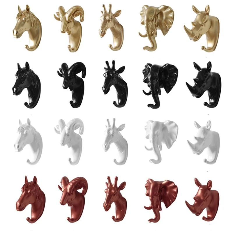 A Set 3D Animal Head Key Holder Wall Towels Hangers Door Back Coat Hat Hanging Hooks Kitchen Clothes Hooks Bathroom Accessories