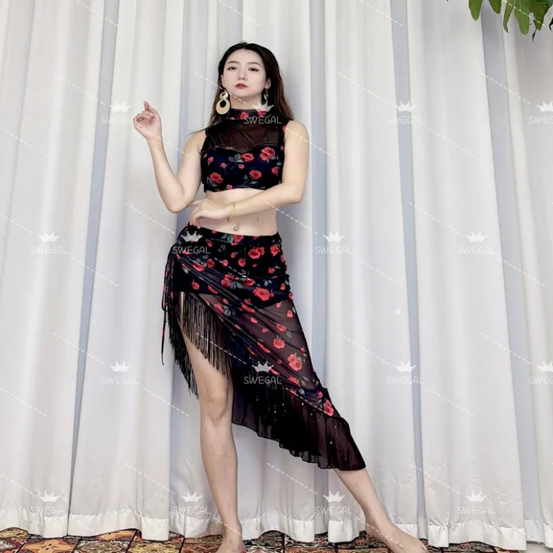 

Индивидуальное платье для танца живота Swegal Сетчатая майка с принтом и кружевной косой юбкой с кисточками