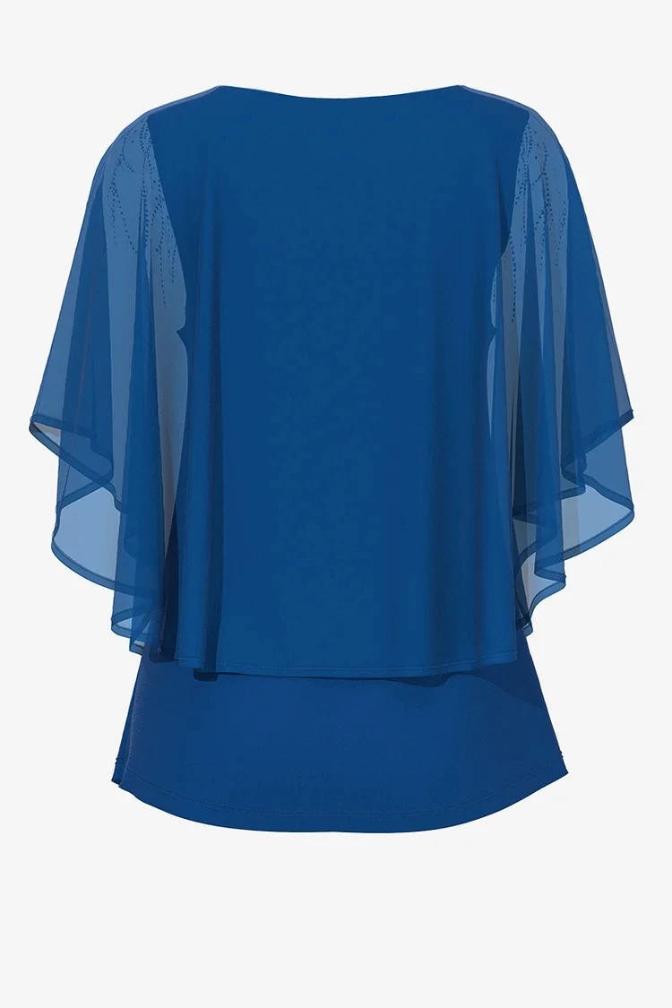 Flycurvy-Blusa de talla grande azul brillante con mangas acampanadas, blusa brillante en capas, Tops con cuello en V