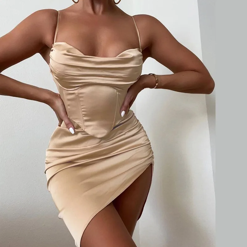 

Women Spaghetti Strap Dress Sleeveless Slim Bodycon Elegant Satin Pullover Dresses Summer 2023 Low Cut Asymmetrical Party Dress