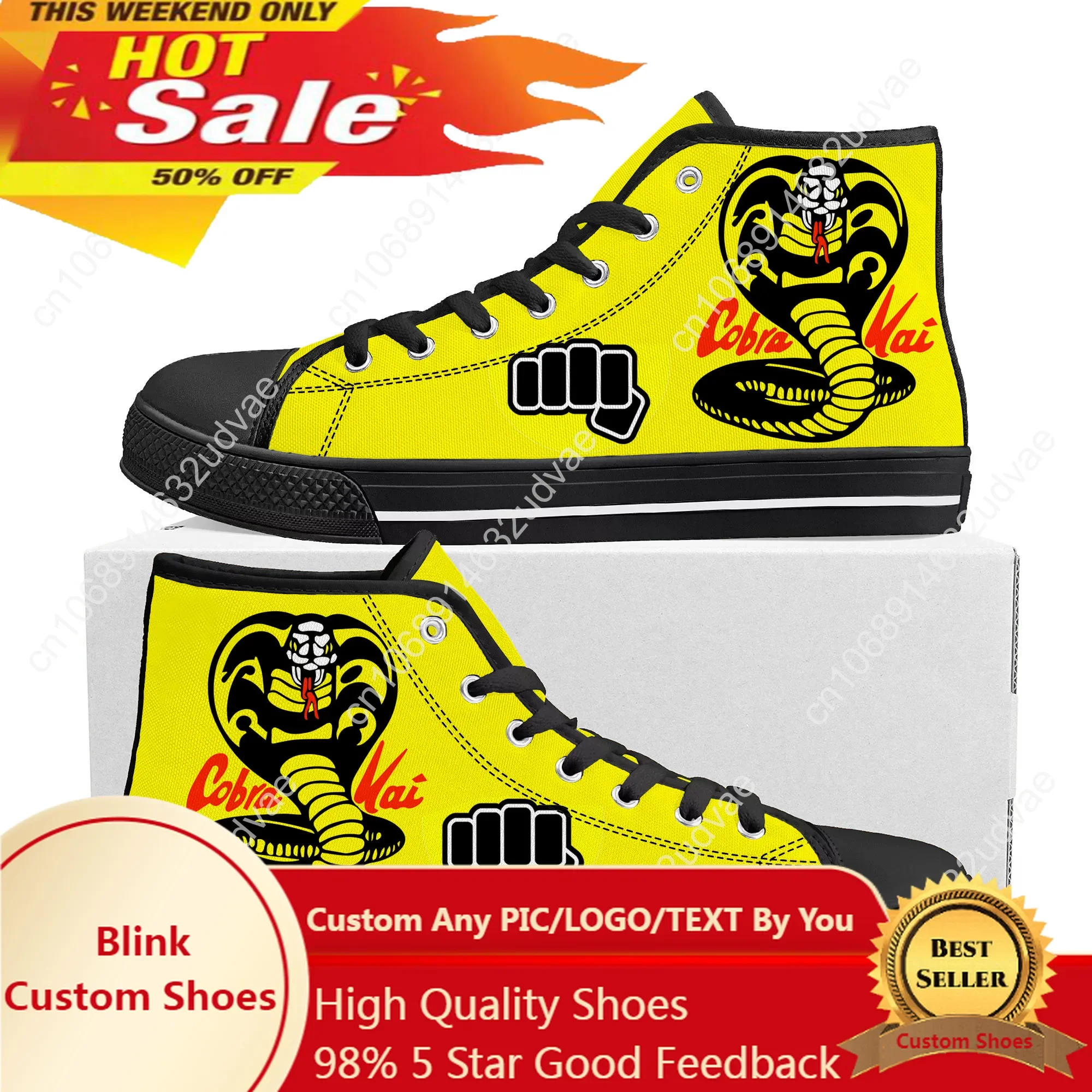 Cobra Kai No Mercy Snake Zapatillas altas para hombres y mujeres, zapatillas de lona para adolescentes, zapatos casuales para parejas, zapatos personalizados, alta calidad