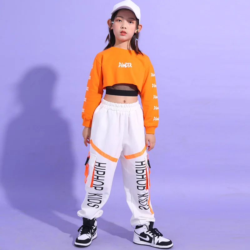 

Girls Hip Hop Crop Top Contrast Cargo Pants Boys Sweatshirt Joggers Child Streetwear Clothes Sets Kids Street Dance Jazz Costume