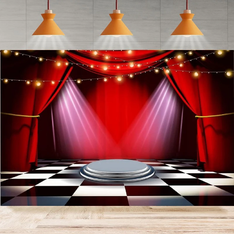 

Photography Backdrop Theater Red Curtains Stage Round Spotlights Performance Birthday Background Home Party Backdrop Wall Banner