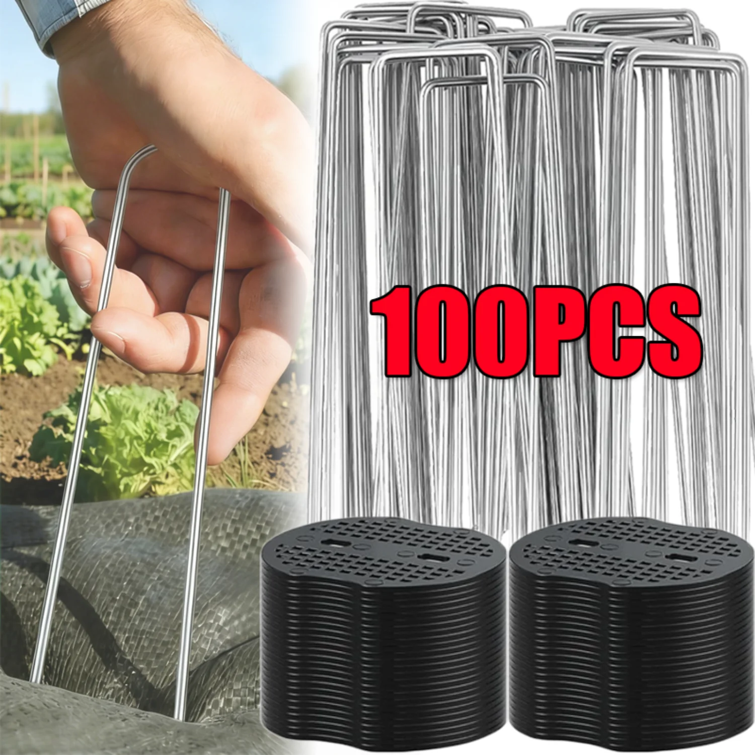 U-type Garden Staples with Pads Metal Fence Tubing Stakes Galvanized Landscape Spikes for Holding Lawns Barrier Ground Nails