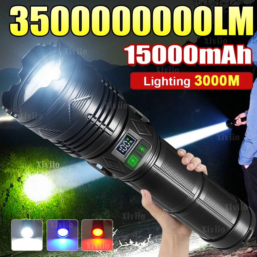 Most Powerful 1500W LED Flashlight USB Rechargeable Tactical Torch Light Ultra Bright Long Range 3KM Flashlight Fishing Lantern