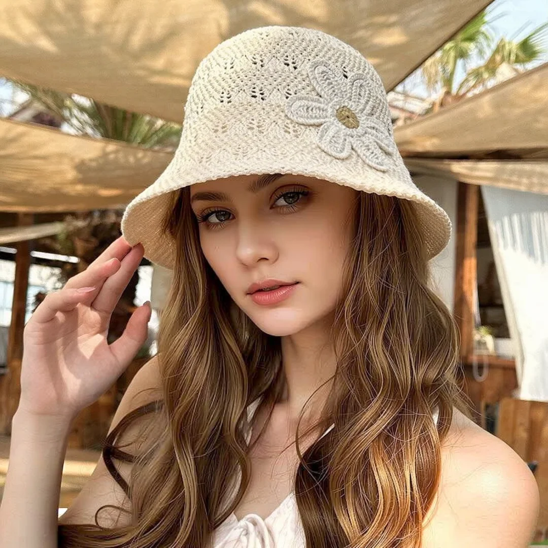 3D Flower Embroidered Knitted Fisherman Hat for Women, Summer Sunshade and Sun Protection Straw Hat/Basket Hat