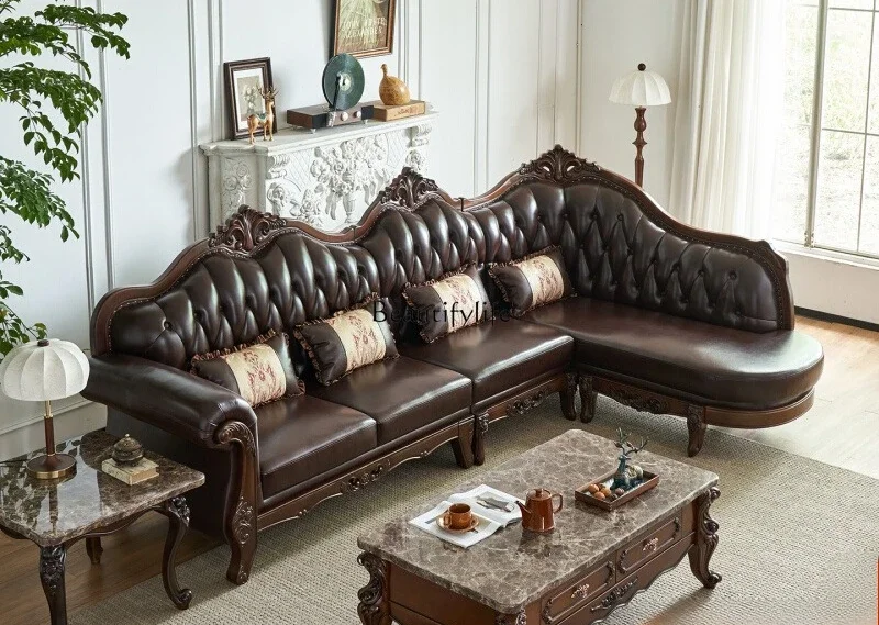 3European leather corner sofa concubine L-shaped solid wood carving flower high-end American retro