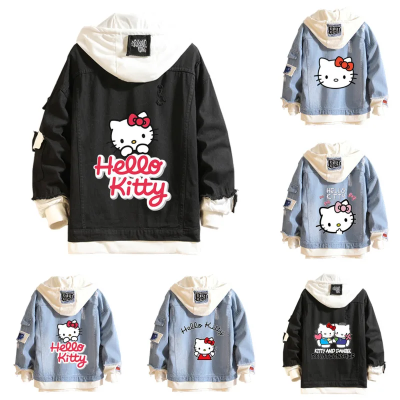 

Hello Kitty Hoodie Y2K Denim Jacket Zipper Cotton Punk Hooded Drawst Hoodie Autumn Winter KT Sweet Pullover Couples Unisex Top