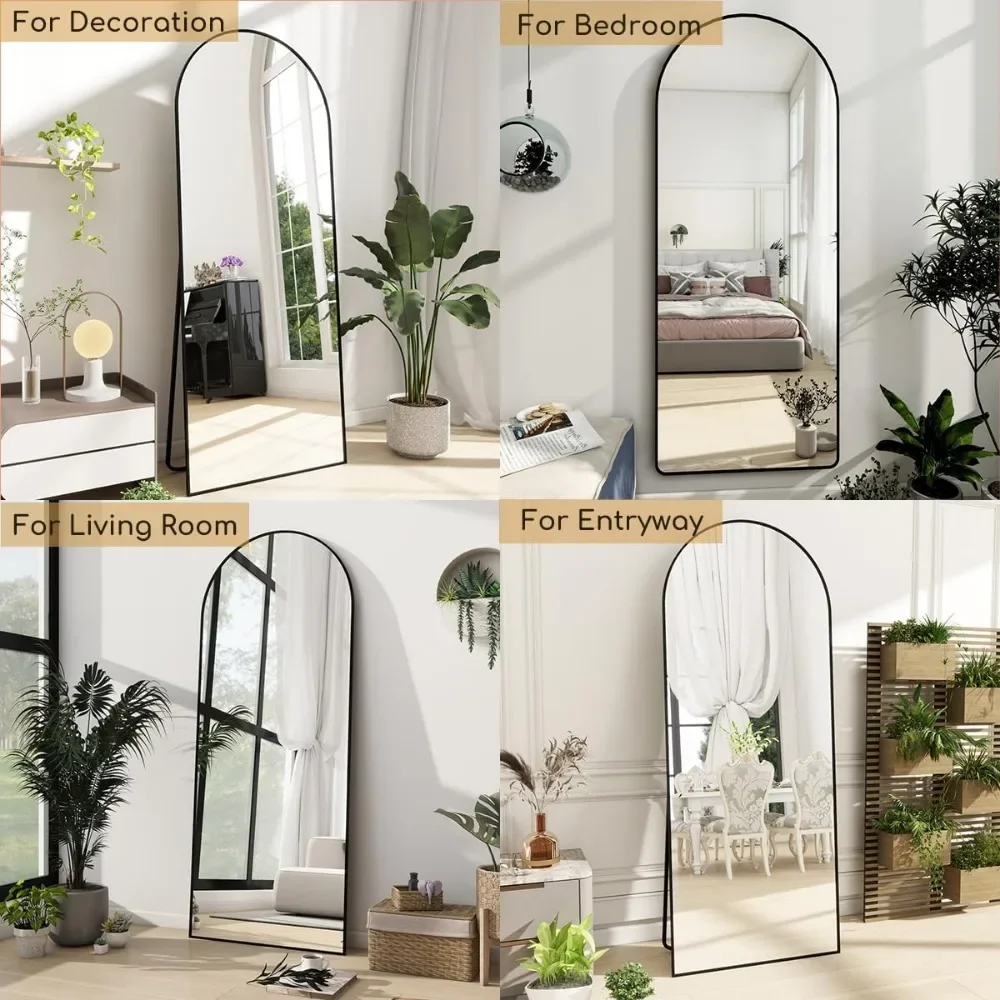 Miroir mural pleine longueur à dessus arqué avec support pour chambre à coucher, miroirs de sol inclinés ou suspendus 64 x 21