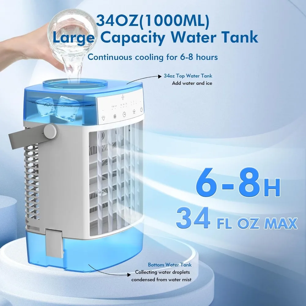Portable Air Conditioners, 1000ml Portable AC Unit with Remote Control, Powerful 3 Speeds 7 Colors LED Evaporative Air Cooler