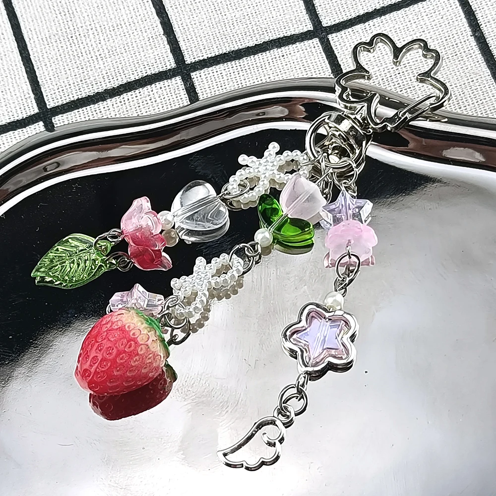 Cute Bear Strawberry Beaded Phone Chain, Fairytale Charm