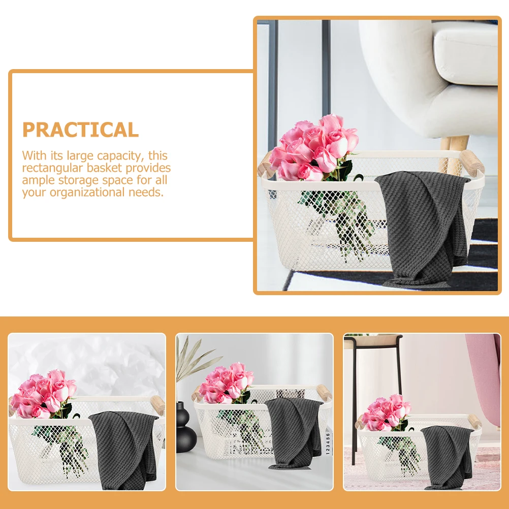 

Wire Basket Decorative Storage Iron Mesh Basket Wooden Handle Metal Bathroom Organizer Rectangular Large Capacity