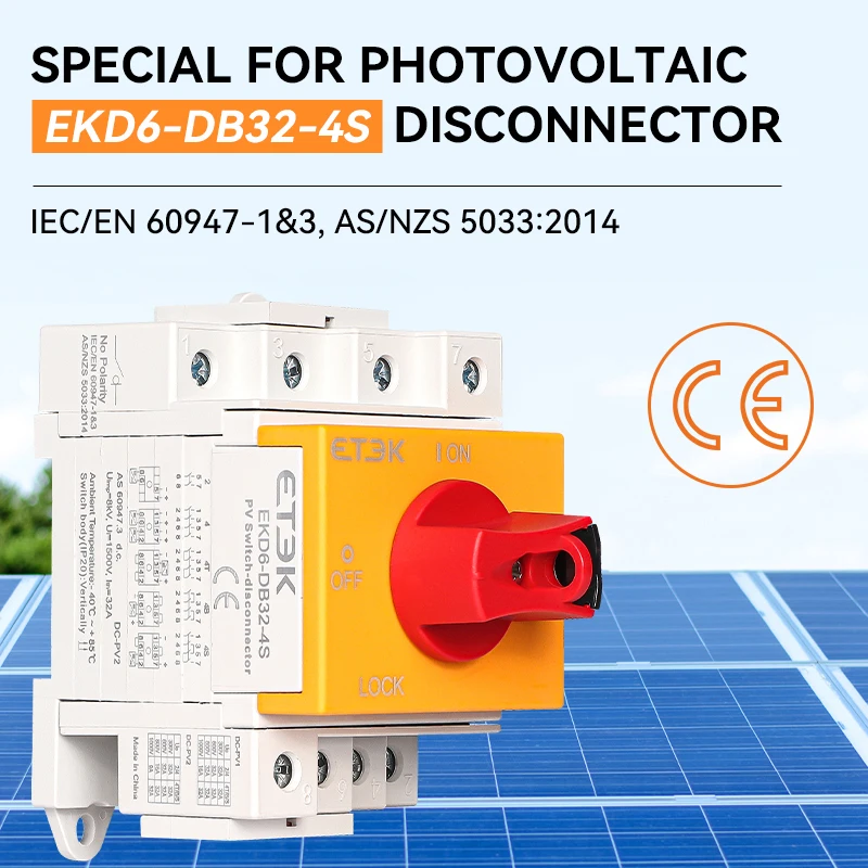 ETEK DC Solar Isolator Switc 1000V DC Disconnector For Solar 32A 4P Din Rail Mounting 4 Pole CE Certified EKD6