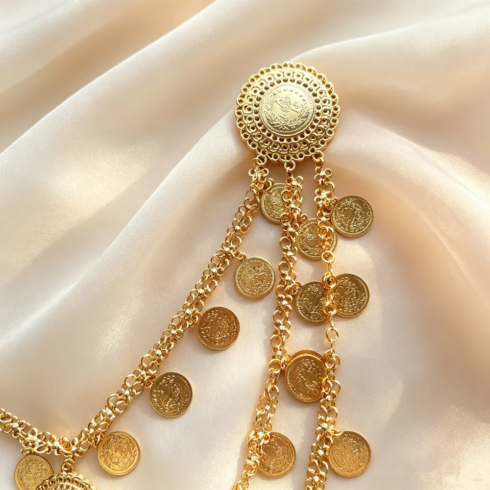 Middle Eastern Bridal Shoulder Body Chain Gold Plated Multi‑Layer Coin Pendant Jewelry for Formal Gown