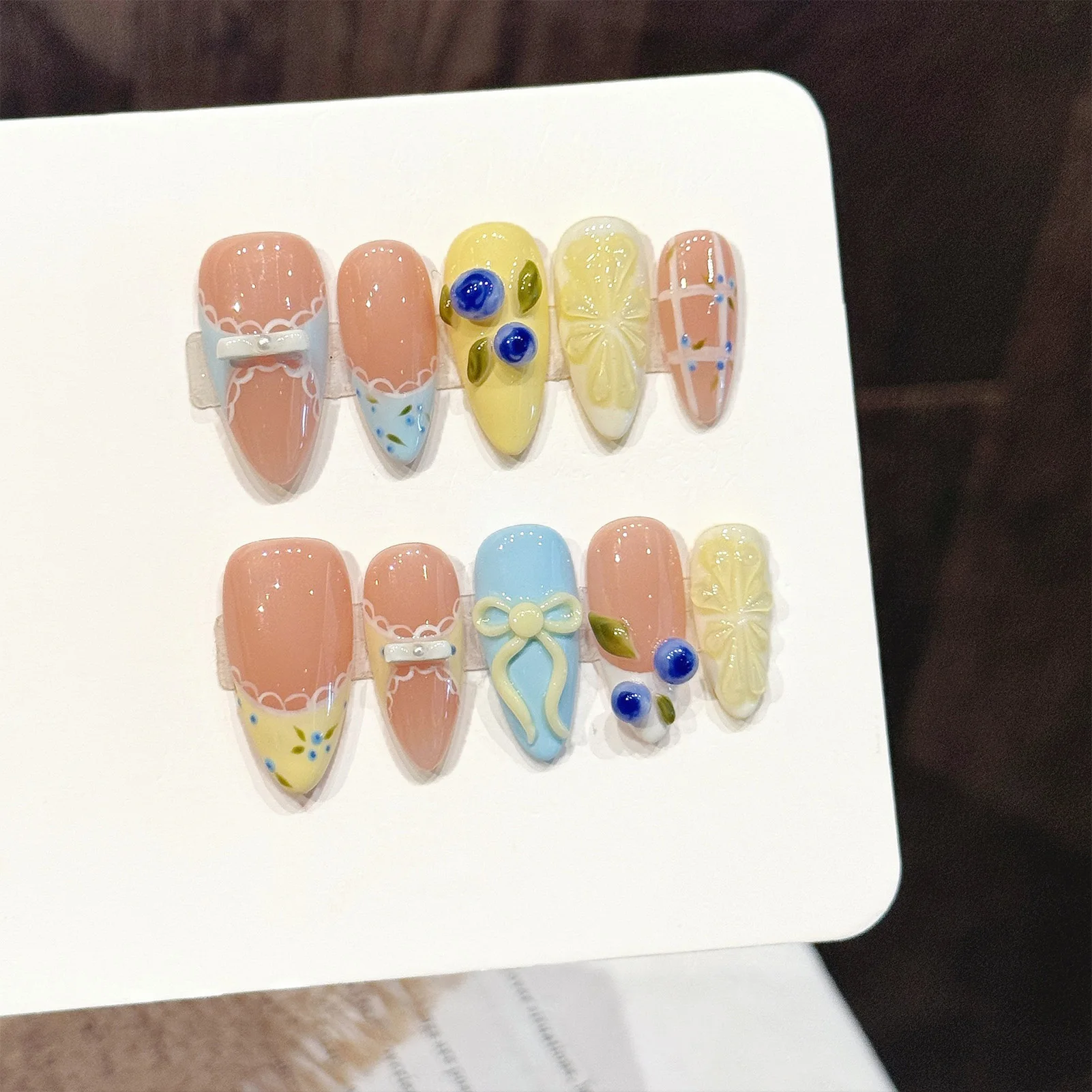 Handmade Sweet Fresh False Nails Press On Nails Almond Wearable Pink Yellow Colorful Fake Nails With 3D Lemon Blueberry Design