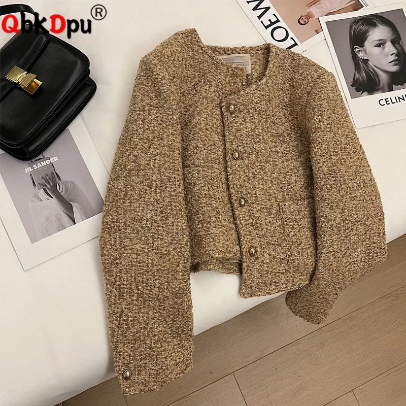 Women Tweed Vintage Cropped Jackets Korean Fashion Single Breasted Thick Coats Tops Fall Winter Casual Long Sleeve Short Abrigos