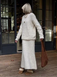 Women Chic Solid Mohair Sweater Long Skirt Suits Casual O Neck Long Sleeve Pullover Loose Skirts Autumn Chic Lady Street Outfits