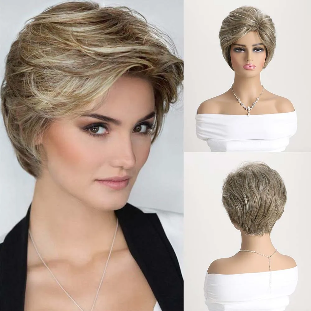 

Synthetic Short Flax Brown Mixed Light Gold Wig Pixie Cut Straight Wigs With Bangs For Women Daily Wear Realistic Fake Hair