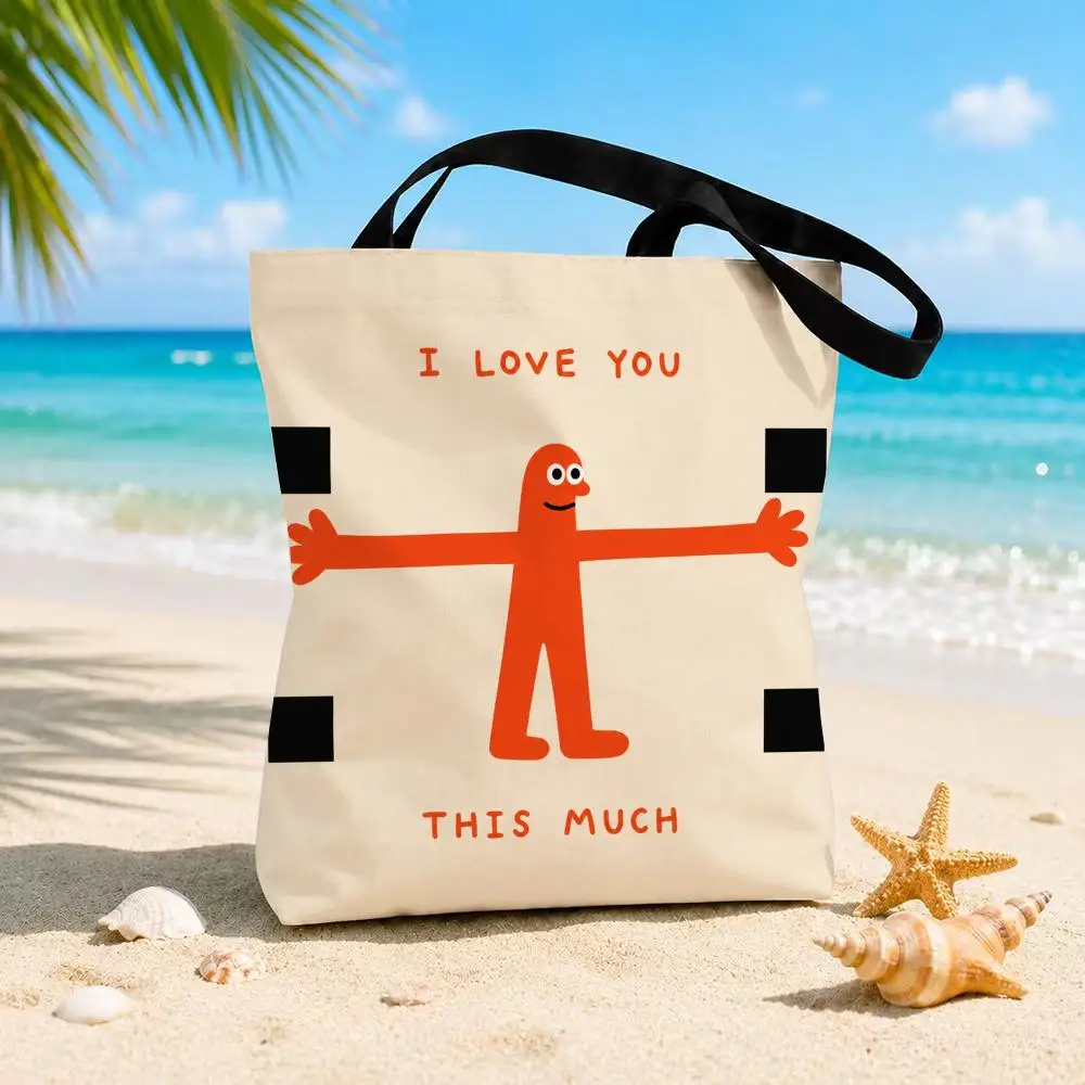 I Love You This Much Storage Bags Beach Canvas Shoulder Tote Bag Double-Sided Print Fashion Handbag for Travel Picnic