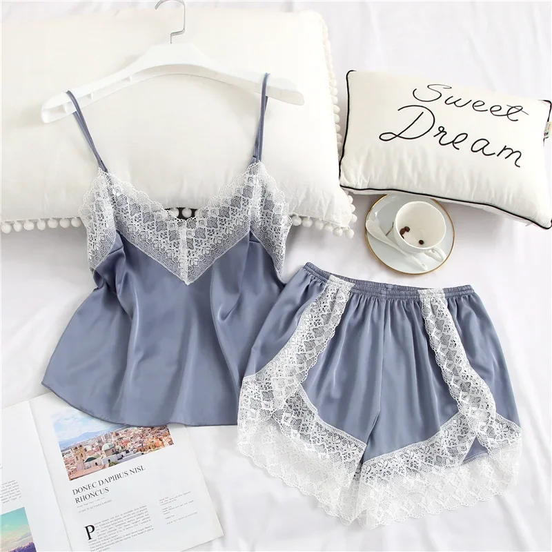 

Pajamas Set For Women Lace Spaghetti Strap Top and Shorts Sets Silk Sleepwear Satin Pajama Suit Night Wear Summer 2019