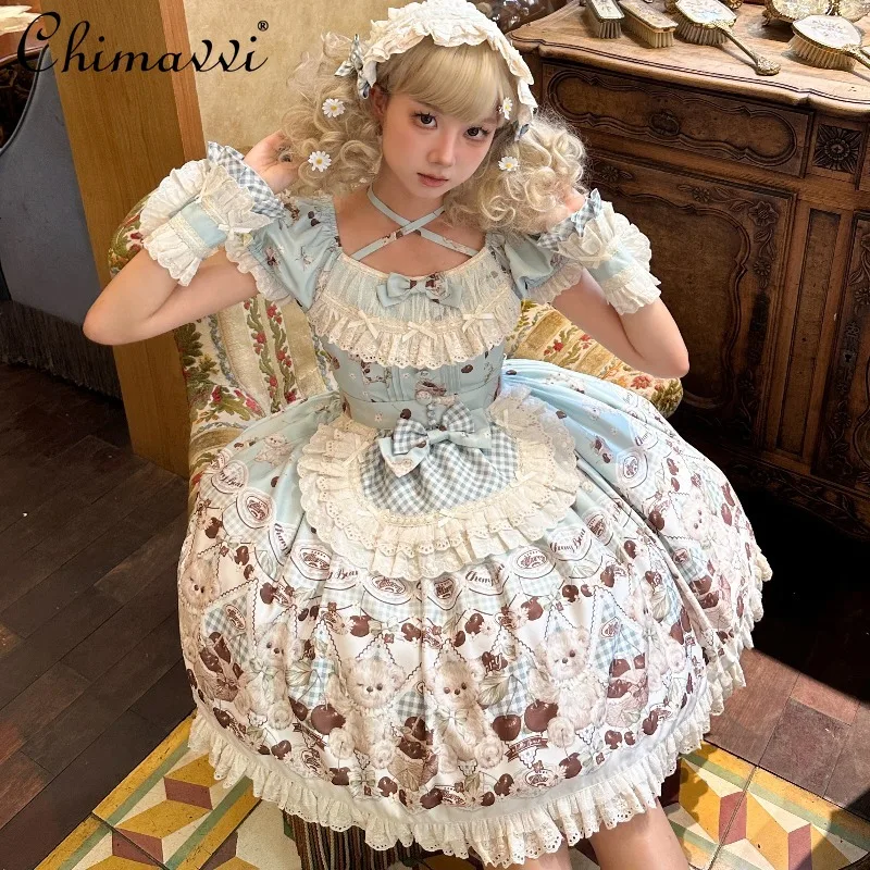 Robe Lolita OP imprimée de dessin animé pour filles, avec nœud mignon, taille haute, élégante, robes de princesse Kawaii pour femmes, nouvelle collection automne 2025