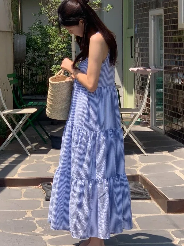 Vestido Envolvente t Azul Chique F Verão Novo Estilo de Férias Colete em Camadas Saia Longa E Casual Max...