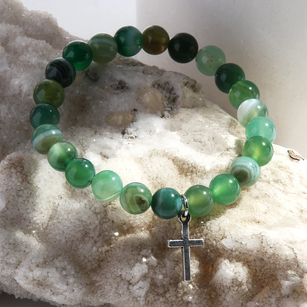 On Your Confirmation New Fashion Minimalist Lord Bracelet 8mm Natural Stone Beaded Bracelet  Cross Pendant Elastic Bracelet