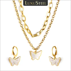 LUXUSTEEL Delicate Butterfly White Shell Charm Dangle Earrings Necklace For Women Girls Stainless Steel Double Chain Luxury Sets